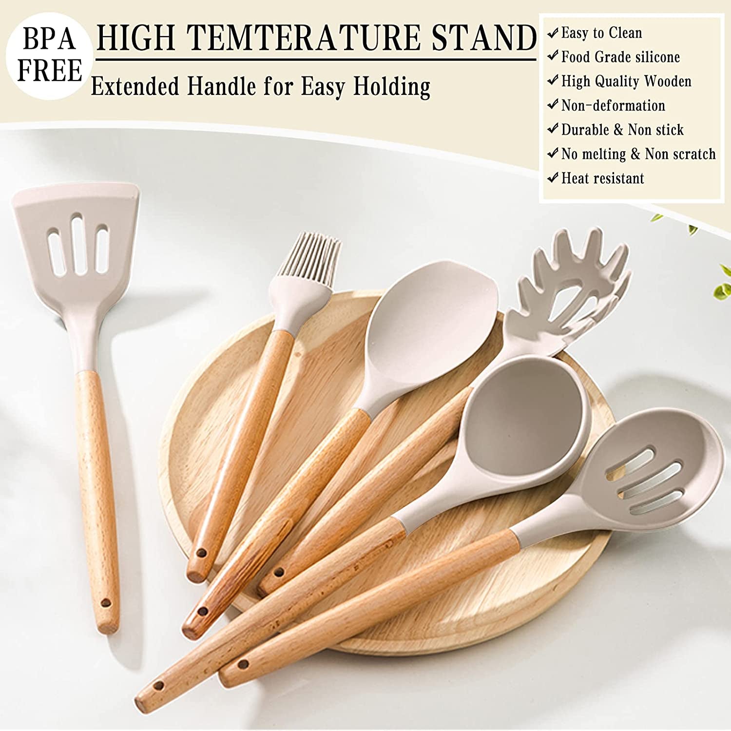 Silicone Cooking Utensil Set, 38 Pcs Silicone Cooking Kitchen Utensils Set with Wooden Handle, Non-Stick Heat Resistant - Best Kitchen Cookware Set- Khaki(Bpa Free, Non Toxic)