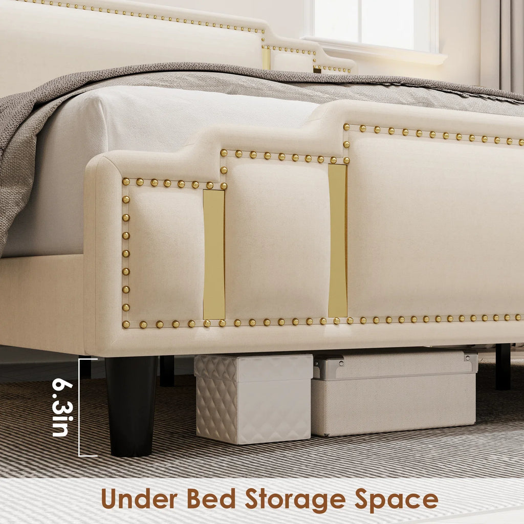 Queen Bed Frame, Luxury Velvet Upholstered Headboard with Golden Iron Sheet & Rivets, Platform Bed with Adjustable Headboard, White