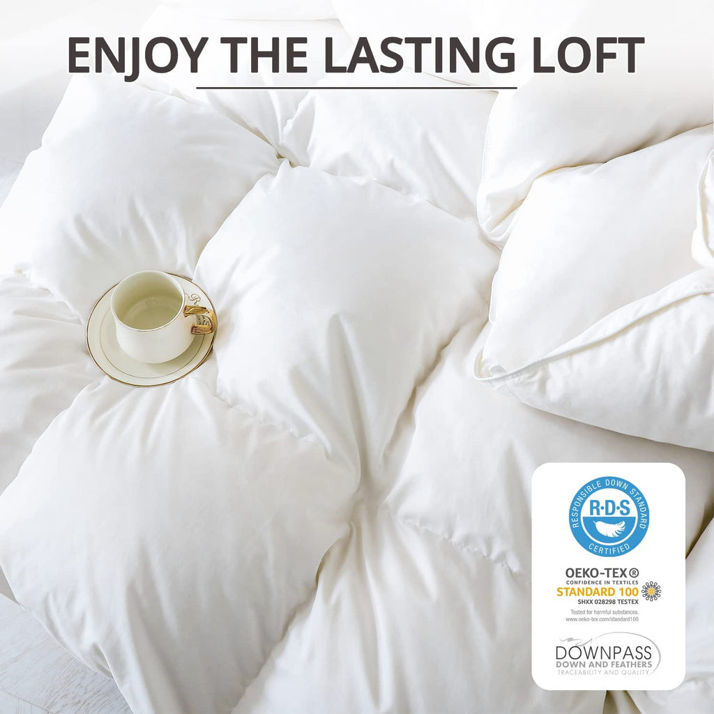 King Size down Comforter - All Season Duvet Insert with Medium Warmth, Soft and Noiseless Cover,8 Corner Tabs, and Machine Washable - White