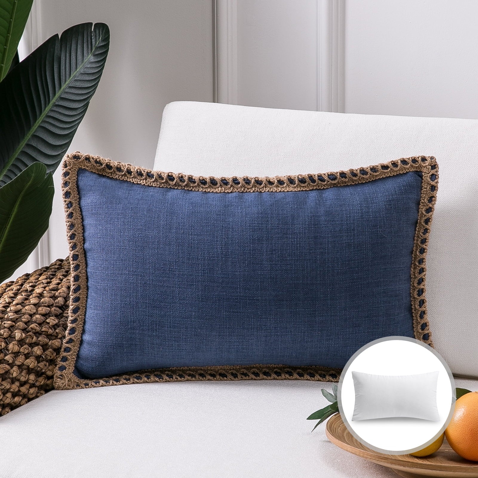 Linen Trimmed Farmhouse Series Decorative Throw Pillow, 12" X 20", Blue, 1 Pack