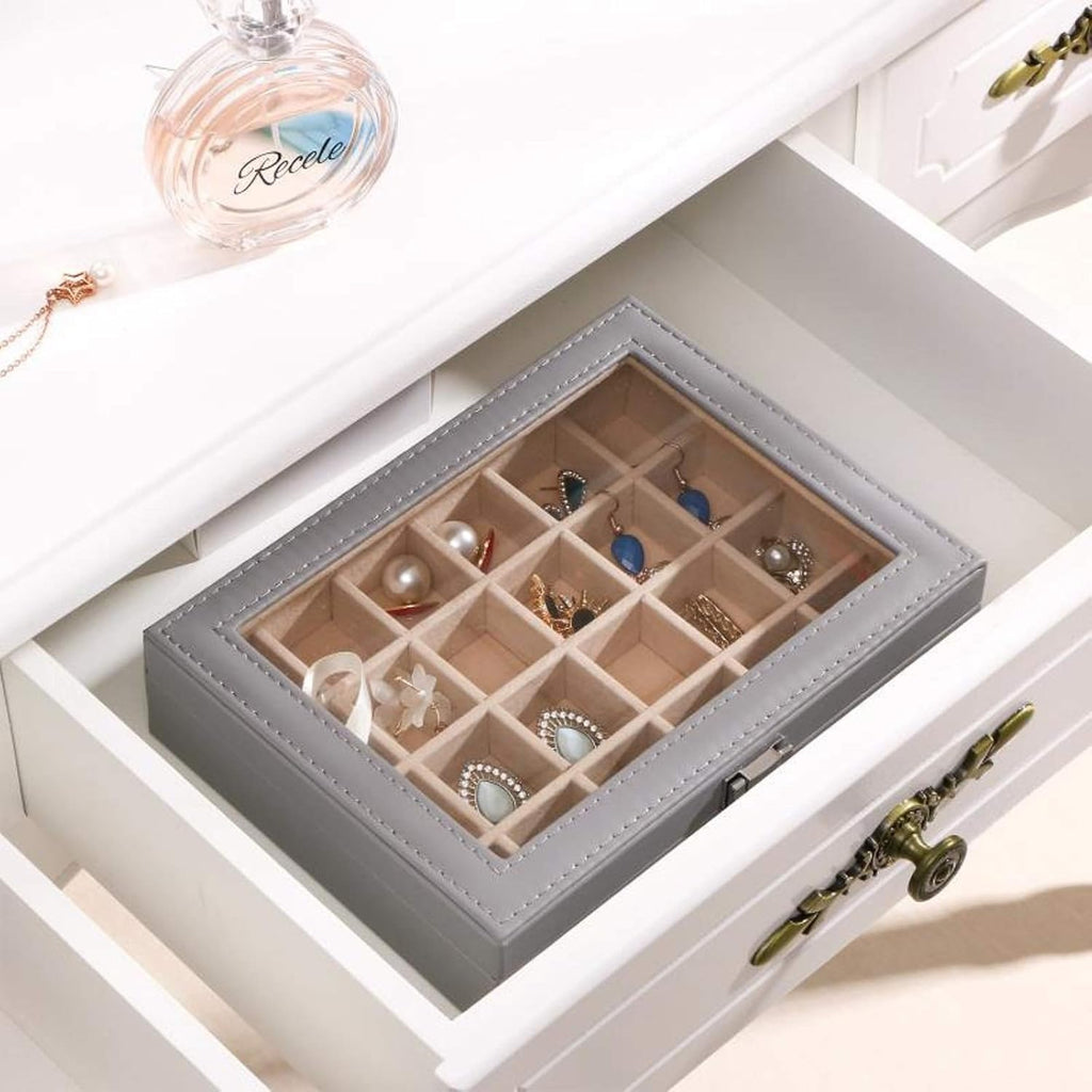 Earring Jewelry Box 24 Slots Earring Holder Organizer for Girls Women Gifts Jewelry Box for Earrings Display Storage Case with Clear Glass Top Grey SSH17H