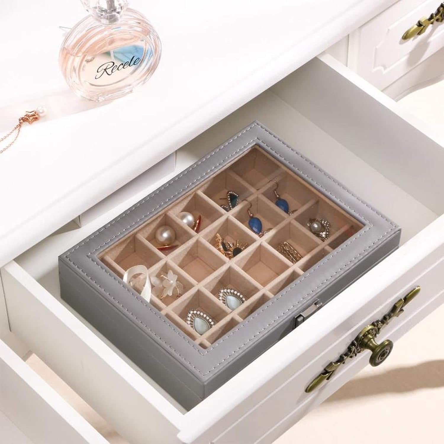 Earring Jewelry Box 24 Slots Earring Holder Organizer for Girls Women Gifts Jewelry Box for Earrings Display Storage Case with Clear Glass Top Grey SSH17H