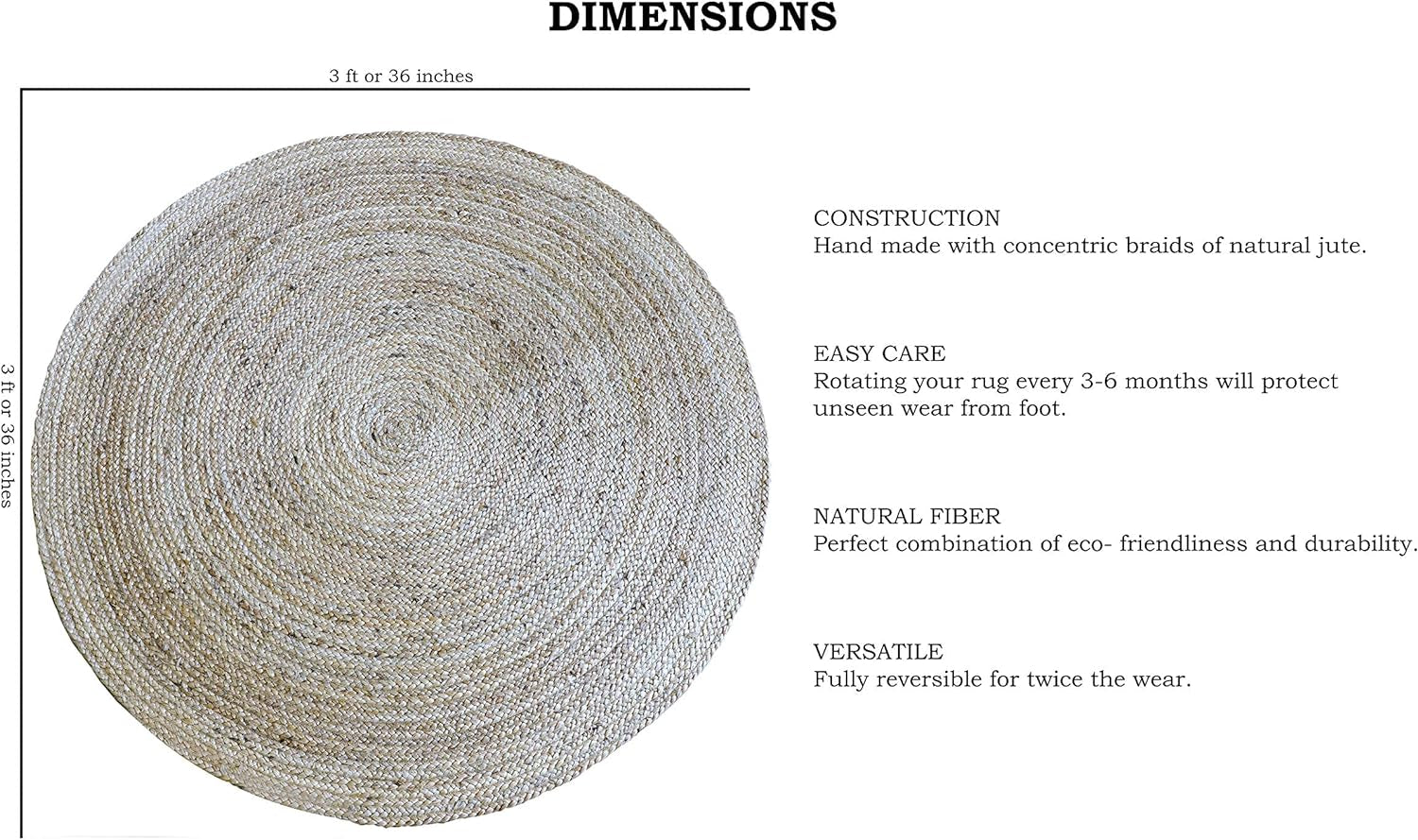 Handwoven Jute Area Rug - 3 Feet round - Natural Yarn - Rustic Vintage Beige Braided Reversible Rug - Eco Friendly Rugs for Bedroom - Kitchen - Living Room - Farmhouse (3' Round)