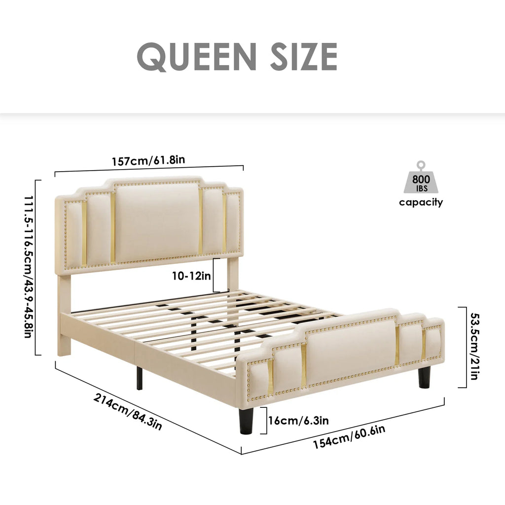 Queen Bed Frame, Luxury Velvet Upholstered Headboard with Golden Iron Sheet & Rivets, Platform Bed with Adjustable Headboard, White