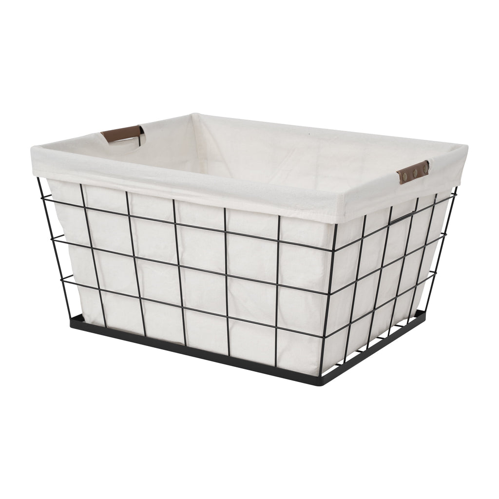 60L Rectangular Steel Wire Laundry Basket with Removable Cotton Blend Liner for Adult, Black & Natural