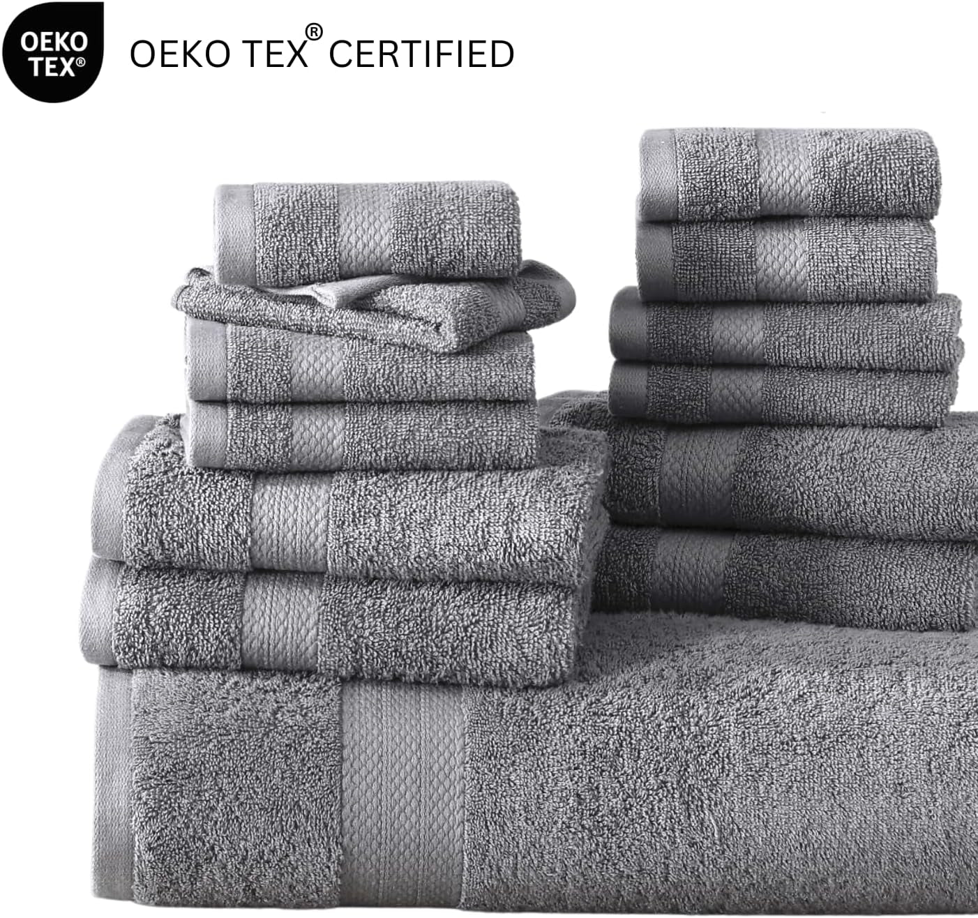 16 PC Luxury Grey Cotton Bath Towel Set - Highly Absorbent Bath, Hand and Wash Towels