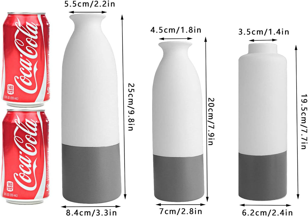 Set of 3 White Gray Ceramic Vase 7.8In 8In 9.8In Flower Vase Bottles for Home Décor Office Decoration Wedding Special Occasion Dried Floral Arrangements