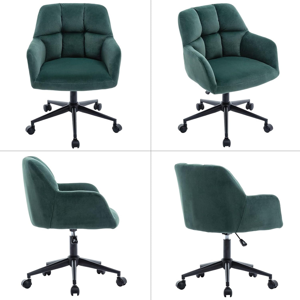 Hi&Yeah Modern Velvet Office Chair, Height Adjustable Comfy Desk Chair with Wheels, Swivel Armchair for Living Room Home Office Computer, Dark Green