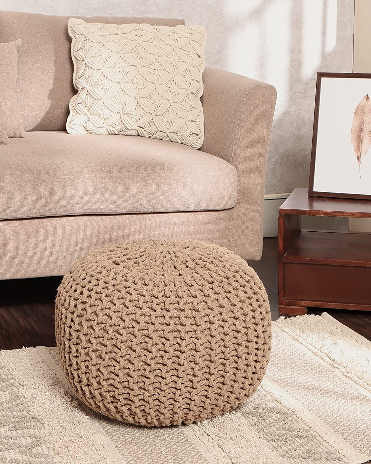 round Pouf Ottoman - Hand Knitted Cable Boho Poof Home Decor Pouffe Circular Footrest for Living Room - Bedroom - Lounge - 100% Cotton (19.5"X19.5"X14"; Beige)
