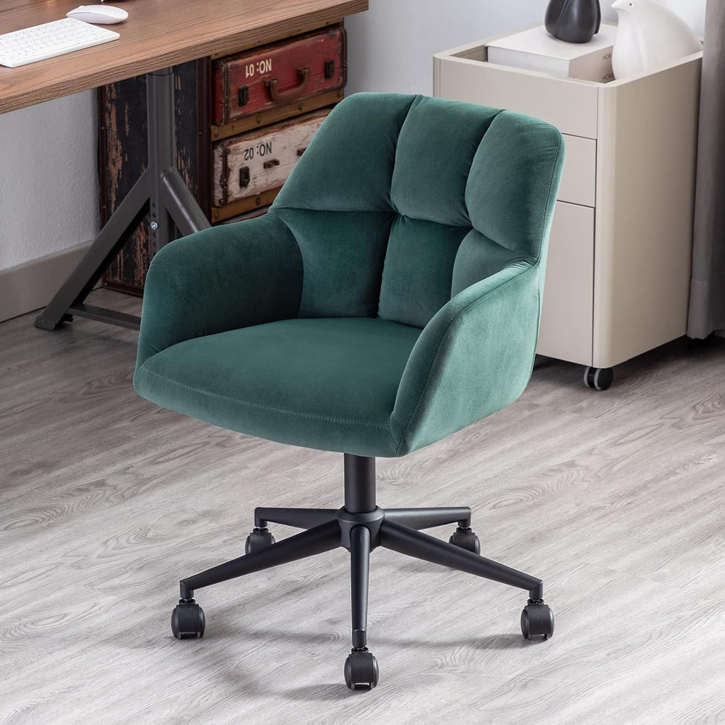 Hi&Yeah Modern Velvet Office Chair, Height Adjustable Comfy Desk Chair with Wheels, Swivel Armchair for Living Room Home Office Computer, Dark Green