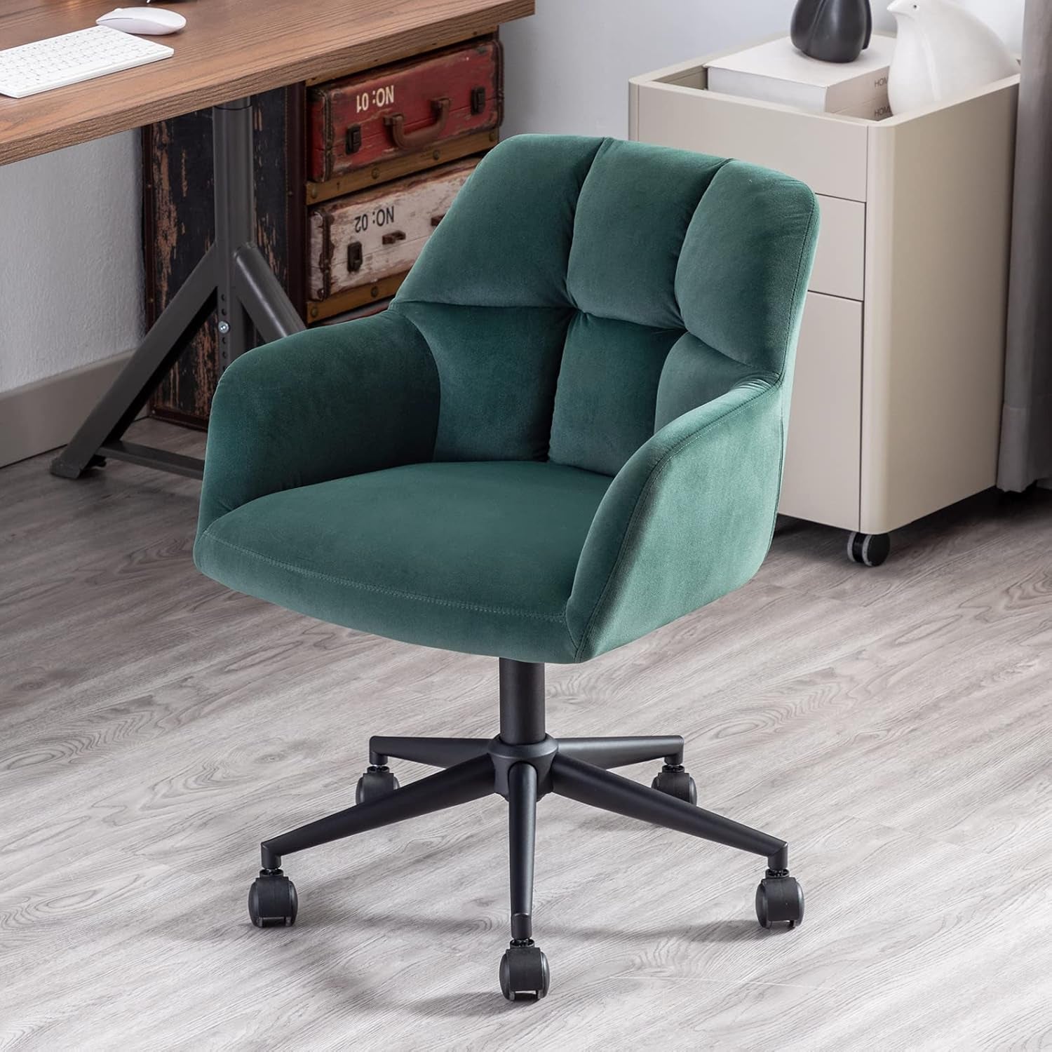 Hi&Yeah Modern Velvet Office Chair, Height Adjustable Comfy Desk Chair with Wheels, Swivel Armchair for Living Room Home Office Computer, Dark Green