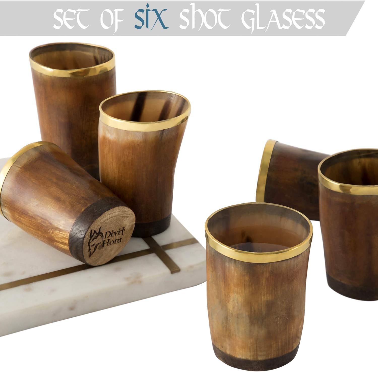 Divit Genuine Viking Drinking Horn Mug | Authentic Medieval Beer Horn Tankard | 24Oz Capacity Horn Cup/Stein. (Brown Shot Glass, Polished (Set of 6))