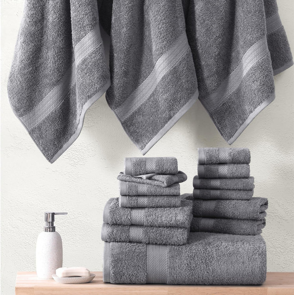 16 PC Luxury Grey Cotton Bath Towel Set - Highly Absorbent Bath, Hand and Wash Towels