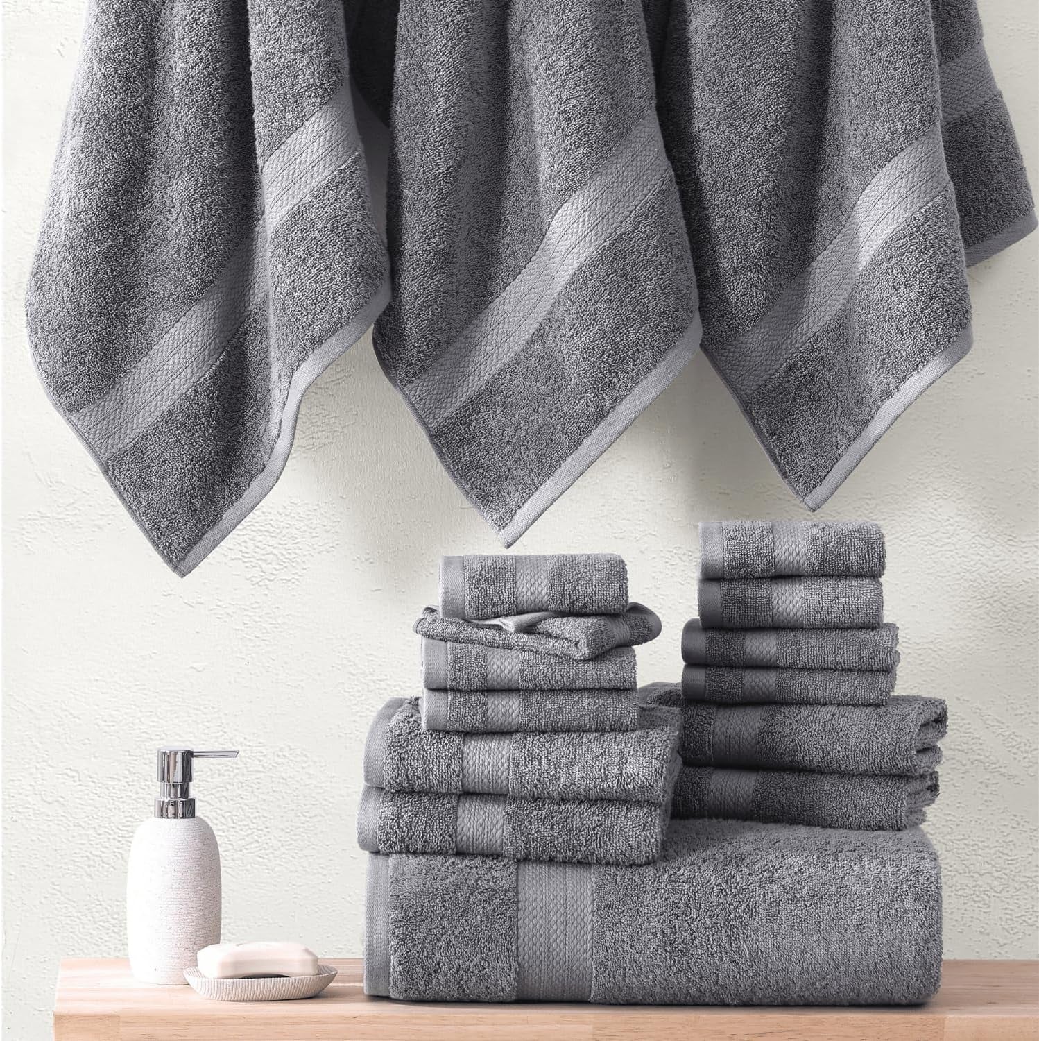16 PC Luxury Grey Cotton Bath Towel Set - Highly Absorbent Bath, Hand and Wash Towels