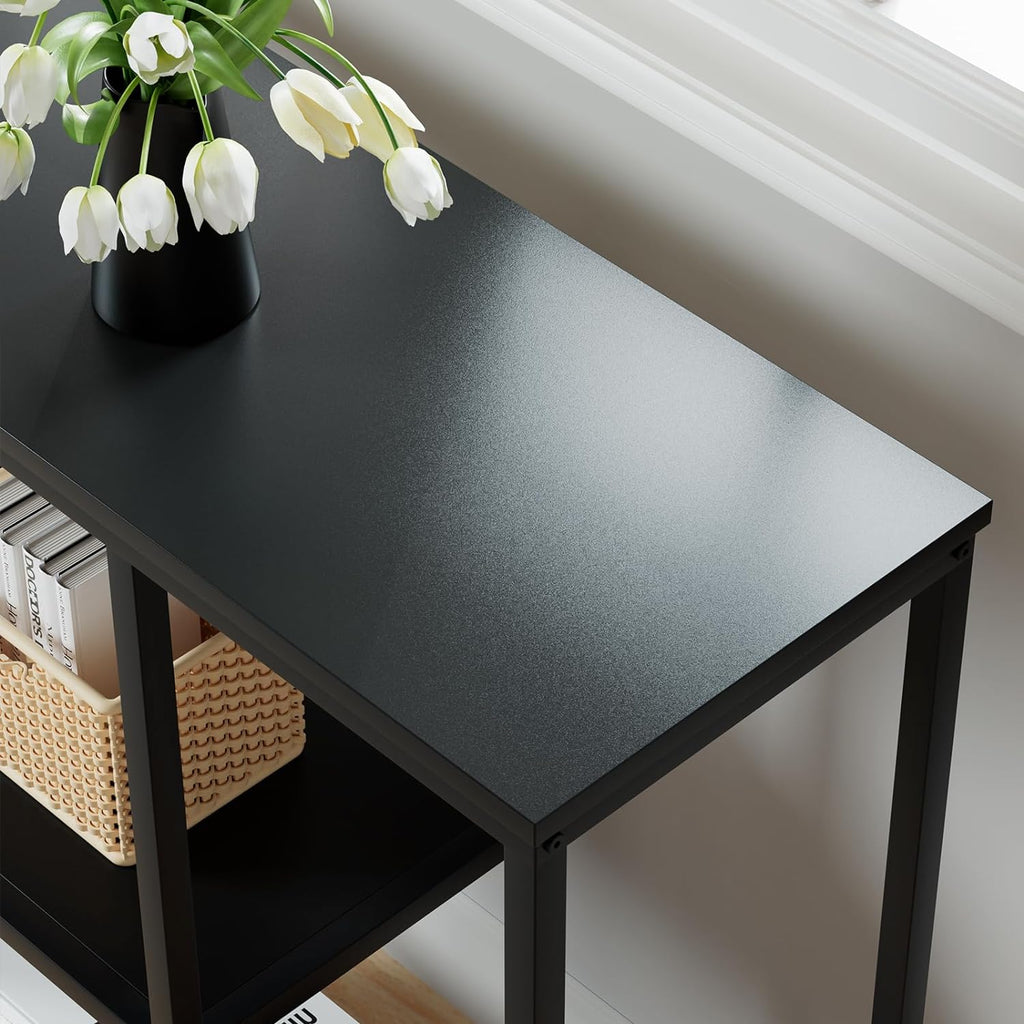Console Table, 12'' Narrow Entryway Table for Living Room, 31.5'' X 31.5'' Black Industrial Sofa Table with 3-Tier Storage Shelves for Corridor, Hallway, Black