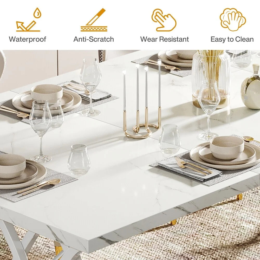 Modern 63 in Rectangle Geometric Legs Dining Table, White
