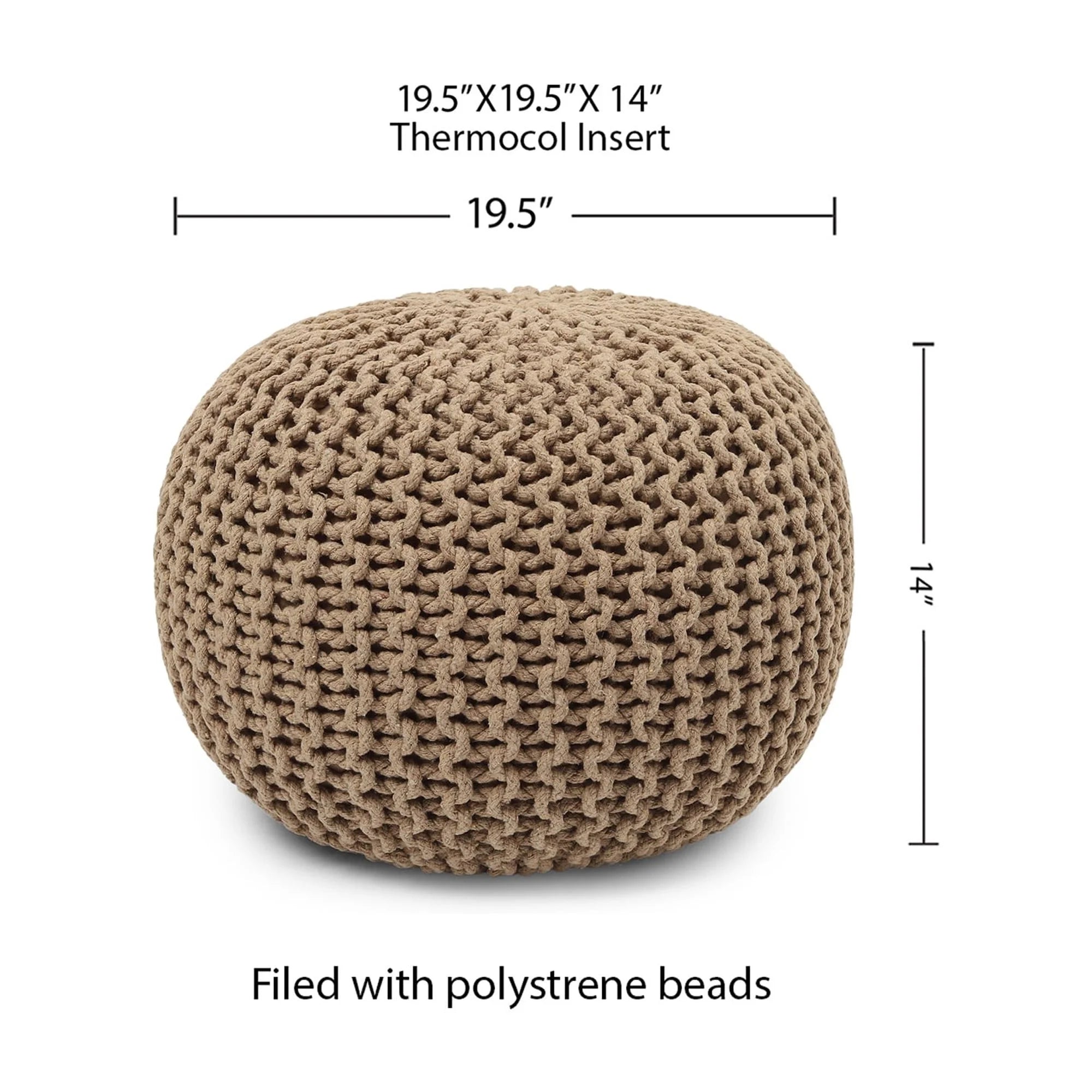 round Pouf Ottoman - Hand Knitted Cable Boho Poof Home Decor Pouffe Circular Footrest for Living Room - Bedroom - Lounge - 100% Cotton (19.5"X19.5"X14"; Beige)