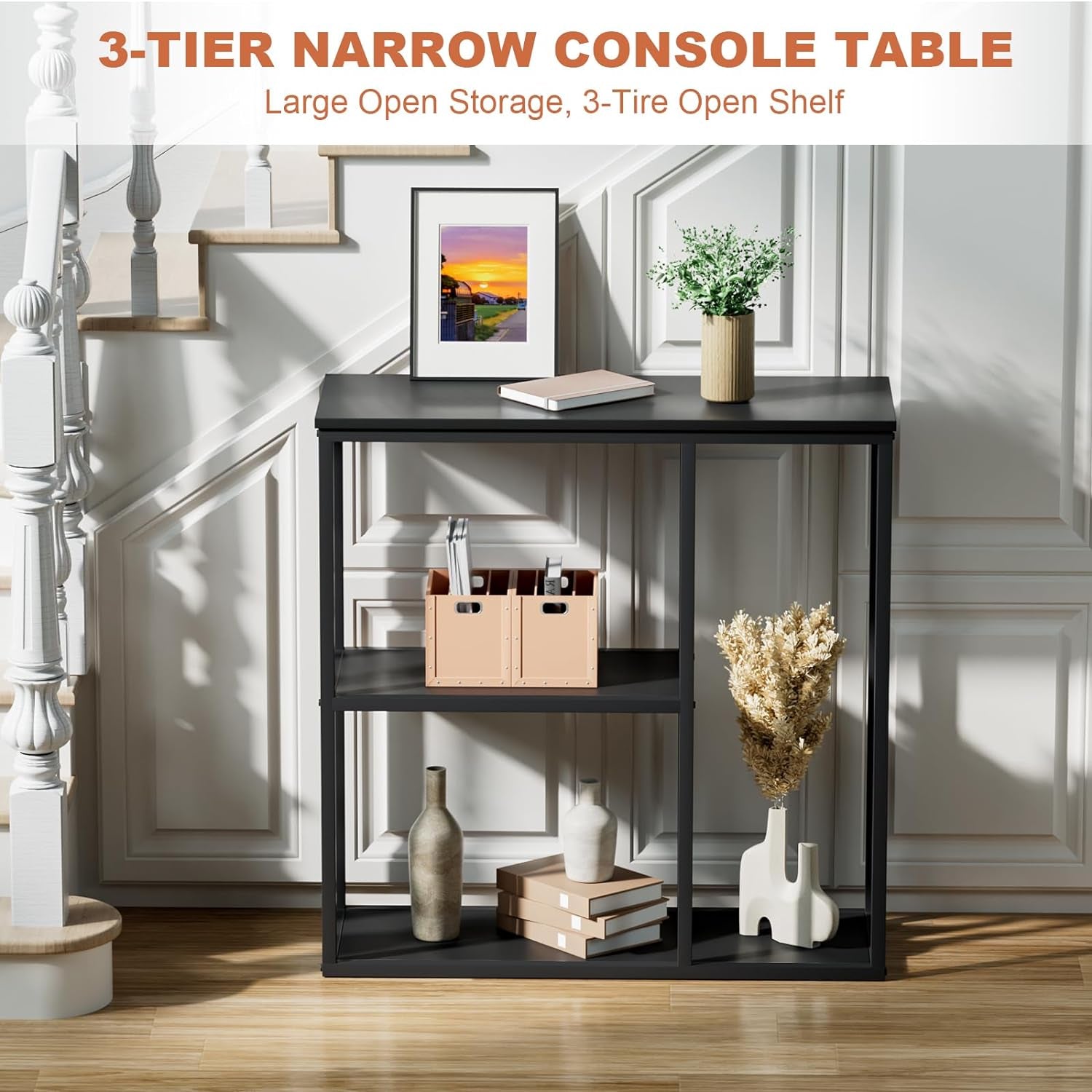 Console Table, 12'' Narrow Entryway Table for Living Room, 31.5'' X 31.5'' Black Industrial Sofa Table with 3-Tier Storage Shelves for Corridor, Hallway, Black