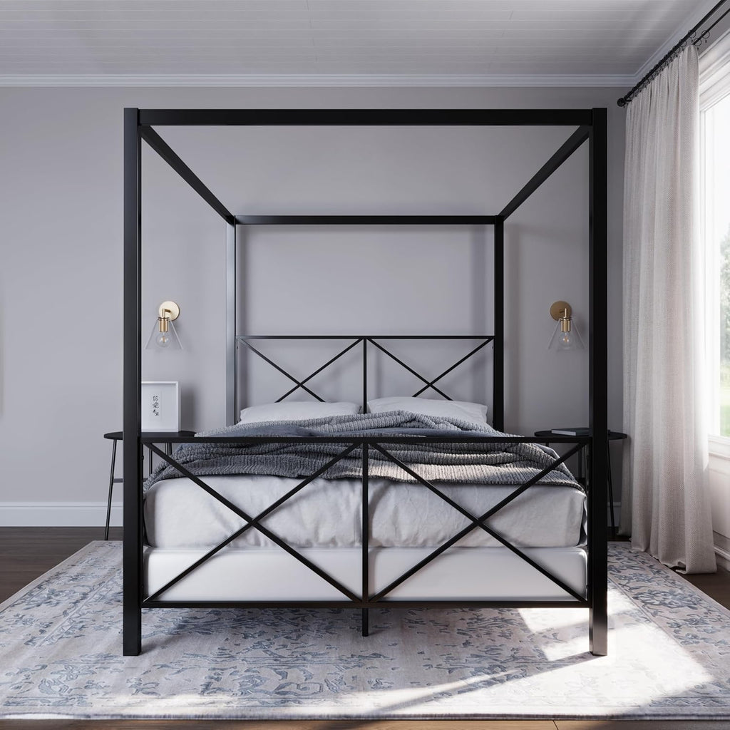 Rosedale Metal Canopy Bed Frame with Four Poster Design and Geometric Accented Headboard and Footboard, Underbed Storage Space, Queen, Black