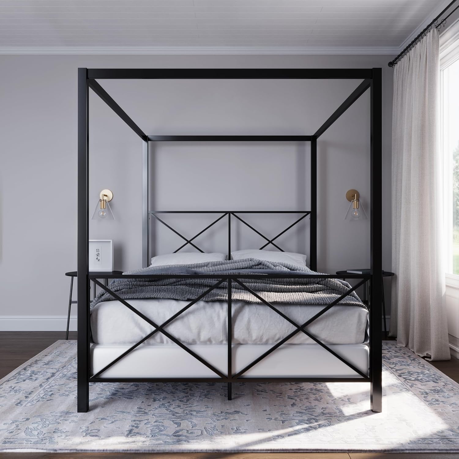 Rosedale Metal Canopy Bed Frame with Four Poster Design and Geometric Accented Headboard and Footboard, Underbed Storage Space, Queen, Black