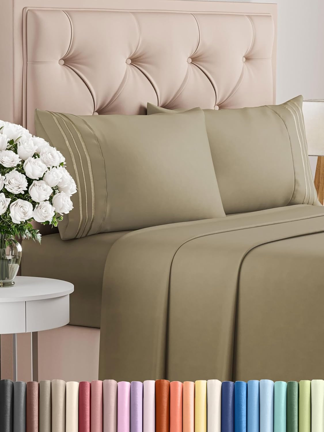 Queen Size 4 Piece Sheet Set - Comfy Breathable & Cooling Sheets - Hotel Luxury Bed Sheets for Women & Men - Deep Pockets, Easy-Fit, Extra Soft and Wrinkle Free Sheets - Khaki Oeko-Tex Bed Sheet Set