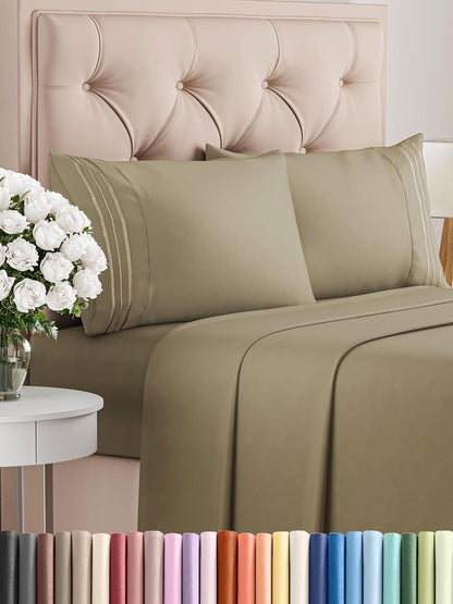 Queen Size 4 Piece Sheet Set - Comfy Breathable & Cooling Sheets - Hotel Luxury Bed Sheets for Women & Men - Deep Pockets, Easy-Fit, Extra Soft and Wrinkle Free Sheets - Khaki Oeko-Tex Bed Sheet Set