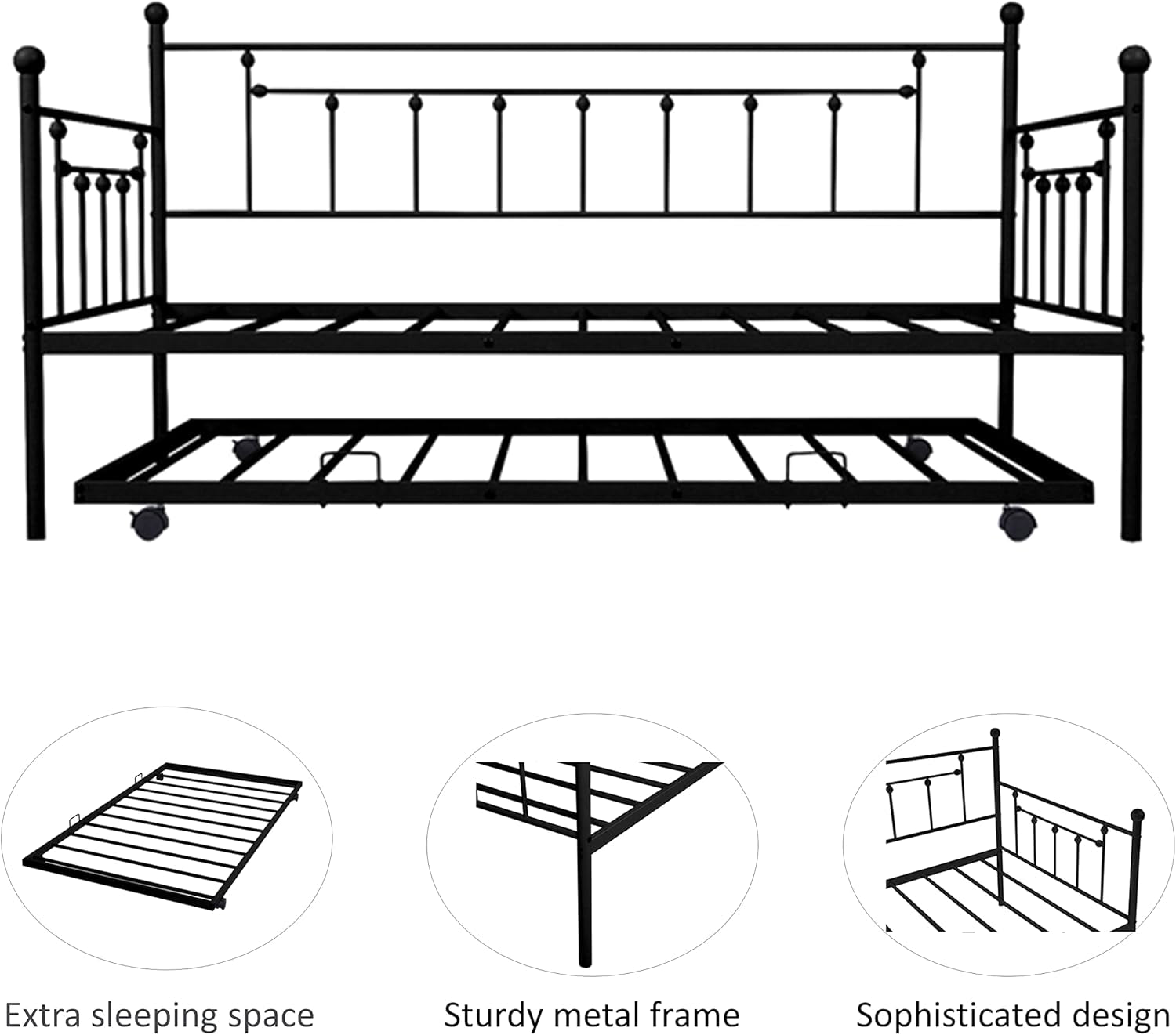 Twin Size Metal Frame Daybed with Trundle,Heavy Duty Steel Slat,Bedroom Living Room Furniture for Guest,Space Saving,No Box Spring Needed