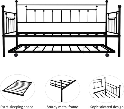 Twin Size Metal Frame Daybed with Trundle,Heavy Duty Steel Slat,Bedroom Living Room Furniture for Guest,Space Saving,No Box Spring Needed