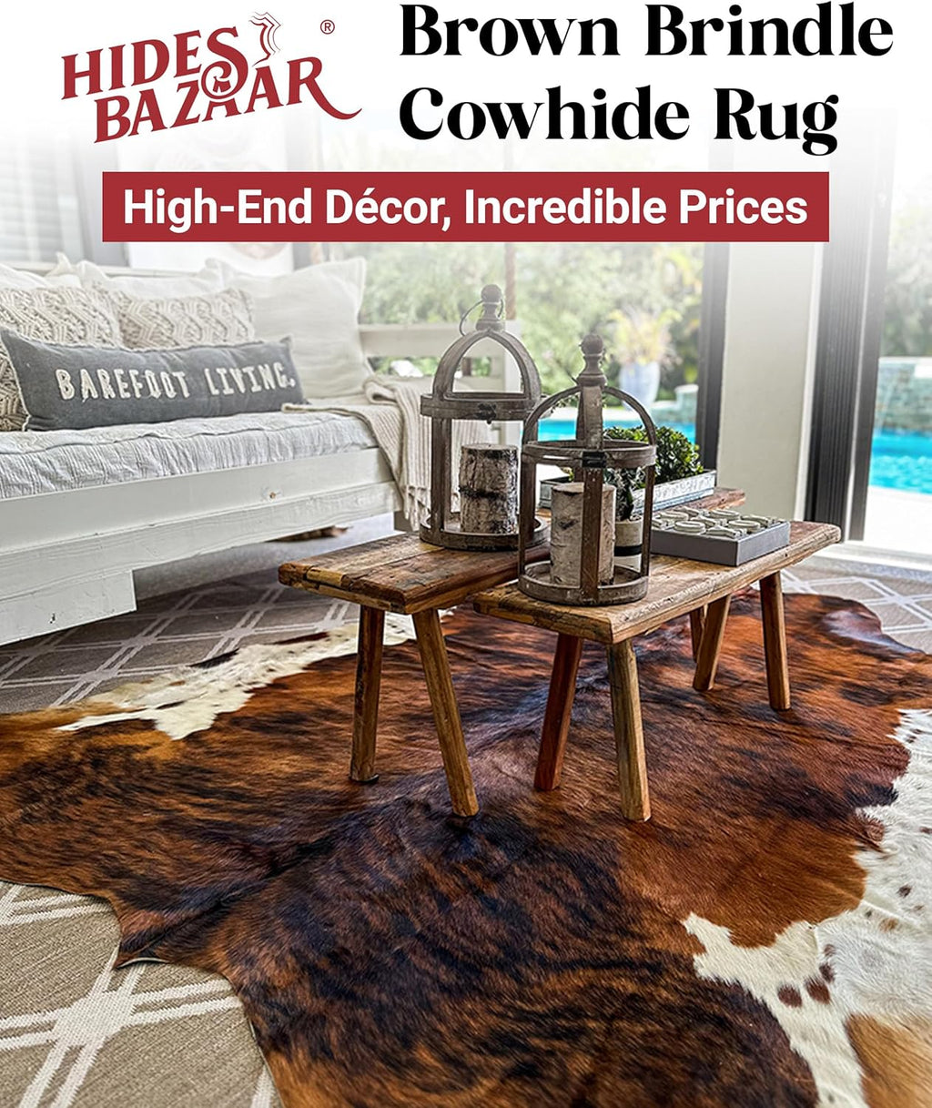 Brown Brindle Cowhide Rug Premium Cow Skin Rug with Unique Brown, Black & White Pattern - Natural Cowhide Rug Made Tanned Leather Cow Hides - Cow Hide Rugs 6X7 Ft