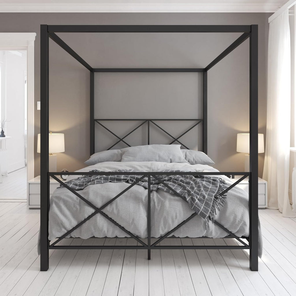 Rosedale Metal Canopy Bed Frame with Four Poster Design and Geometric Accented Headboard and Footboard, Underbed Storage Space, Queen, Black