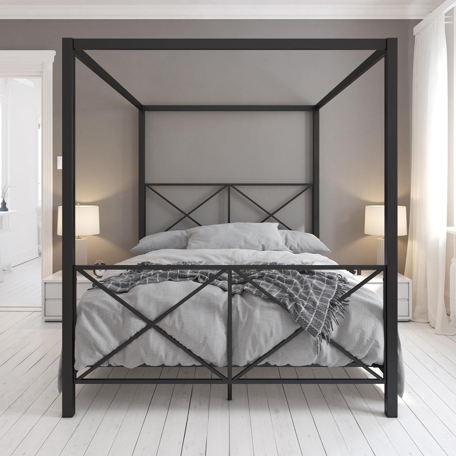 Rosedale Metal Canopy Bed Frame with Four Poster Design and Geometric Accented Headboard and Footboard, Underbed Storage Space, Queen, Black