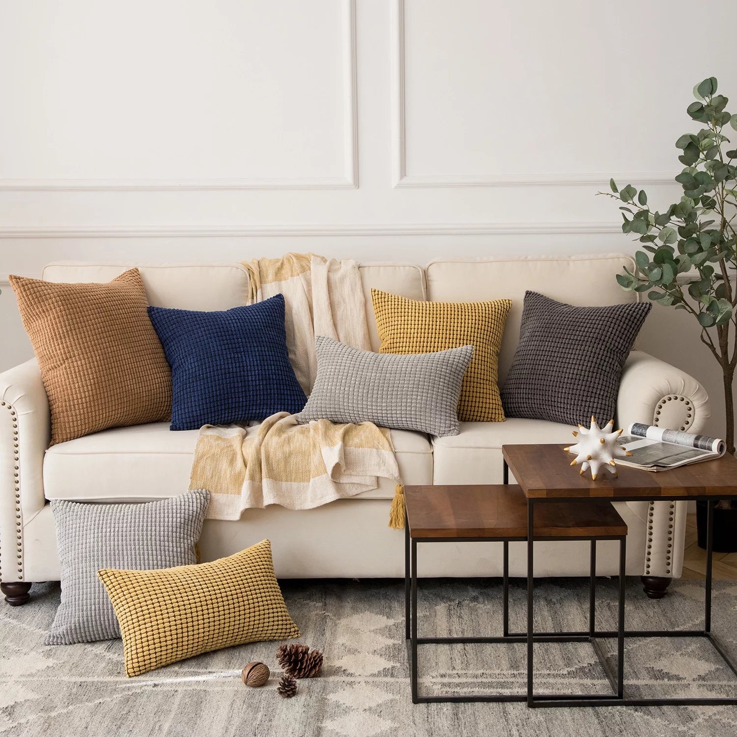 Soft Corduroy Corn Striped Velvet Series Decorative Throw Pillow, 18" X 18", off White, 2 Pack