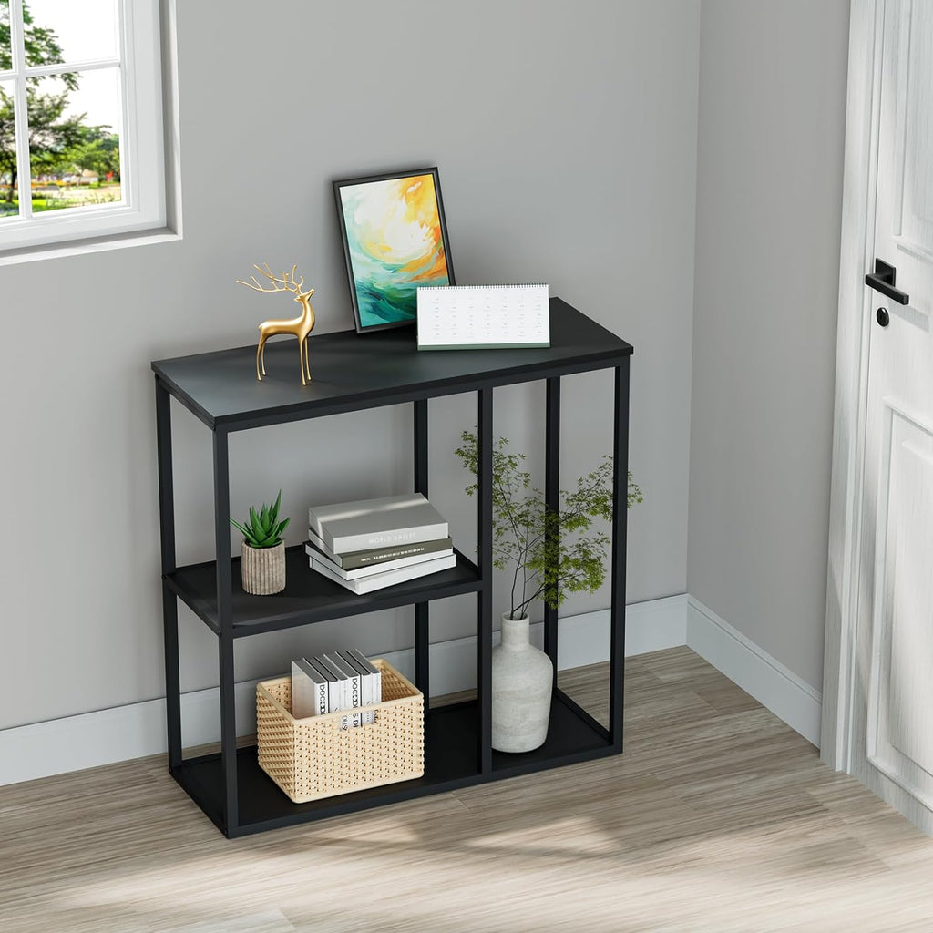 Console Table, 12'' Narrow Entryway Table for Living Room, 31.5'' X 31.5'' Black Industrial Sofa Table with 3-Tier Storage Shelves for Corridor, Hallway, Black