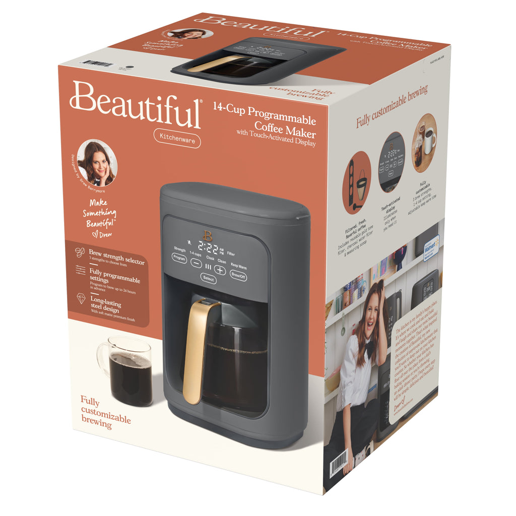 14-Cup Programmable Drip Coffee Maker with Touch-Activated Display, Oyster Grey by Drew Barrymore