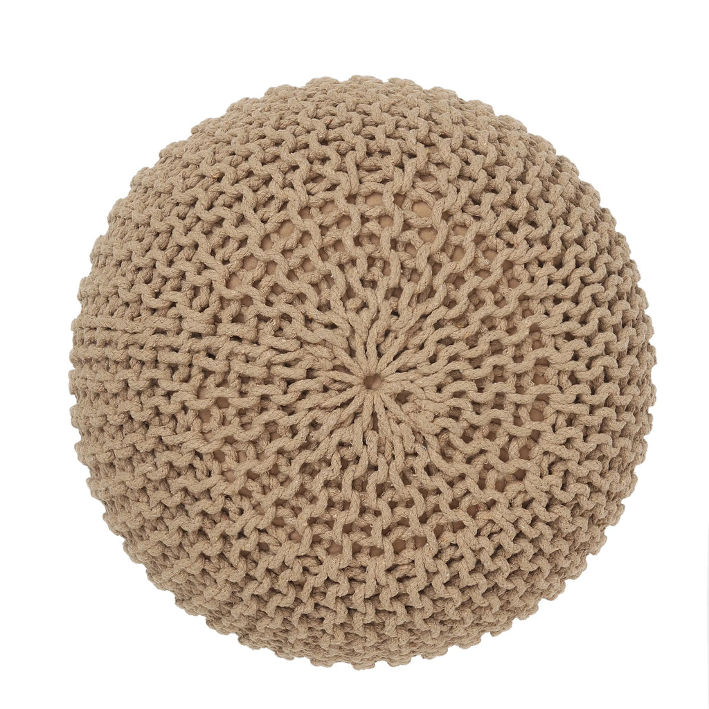 round Pouf Ottoman - Hand Knitted Cable Boho Poof Home Decor Pouffe Circular Footrest for Living Room - Bedroom - Lounge - 100% Cotton (19.5"X19.5"X14"; Beige)