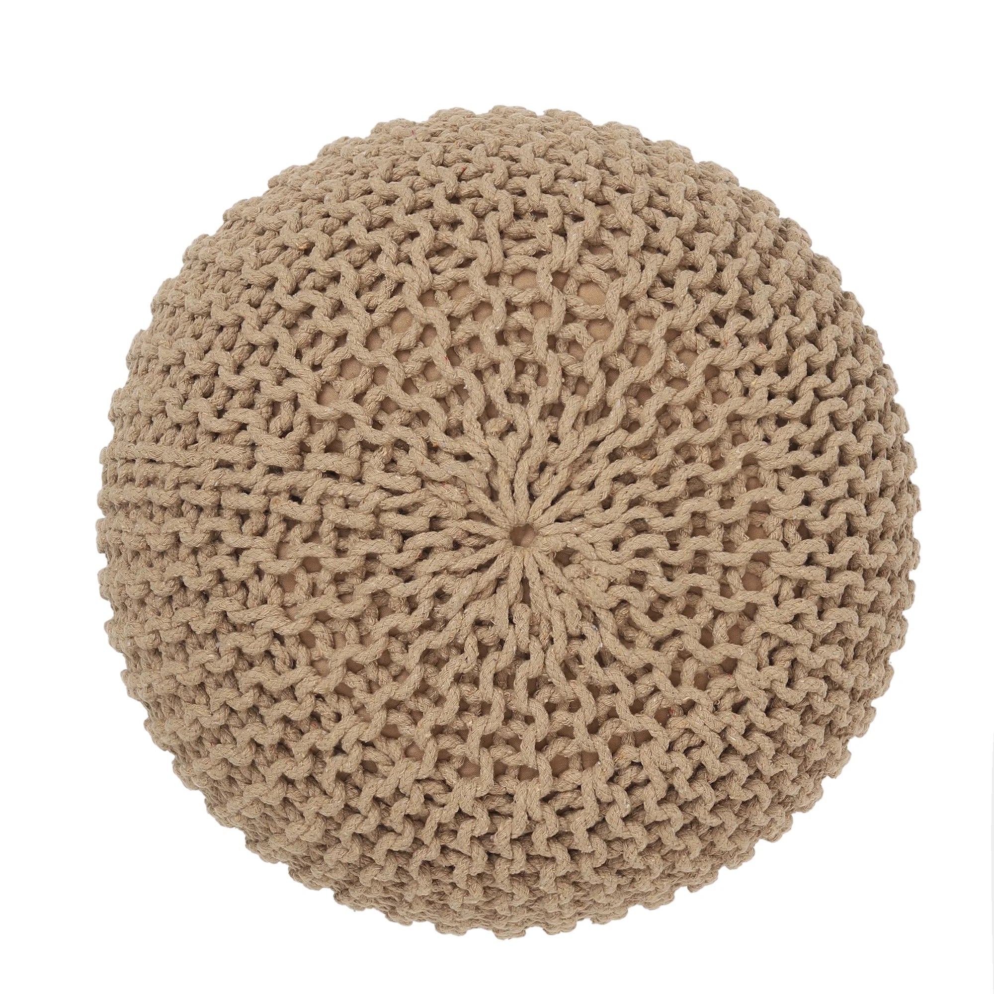 round Pouf Ottoman - Hand Knitted Cable Boho Poof Home Decor Pouffe Circular Footrest for Living Room - Bedroom - Lounge - 100% Cotton (19.5"X19.5"X14"; Beige)