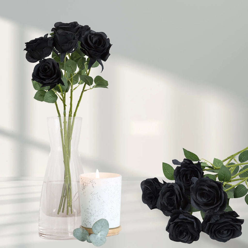 18 Pcs Fake Roses Artificial Flowers Black Silk Rose Flower Bouquet for Wedding Party Decorations Valentines Day Decor