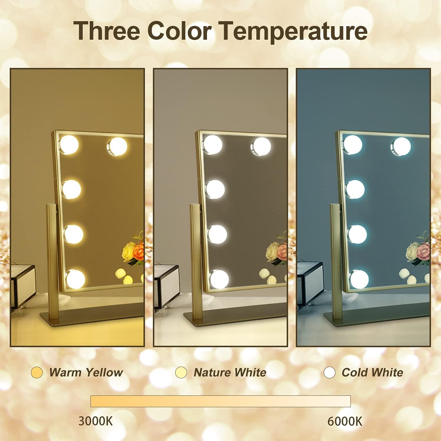 Hollywood Mirror with Lights, Vanity Mirror with Lights, Tabletop Mirror with Dimmable LED Lights，3 Color Model (Gold, 16.3 X 13.4)