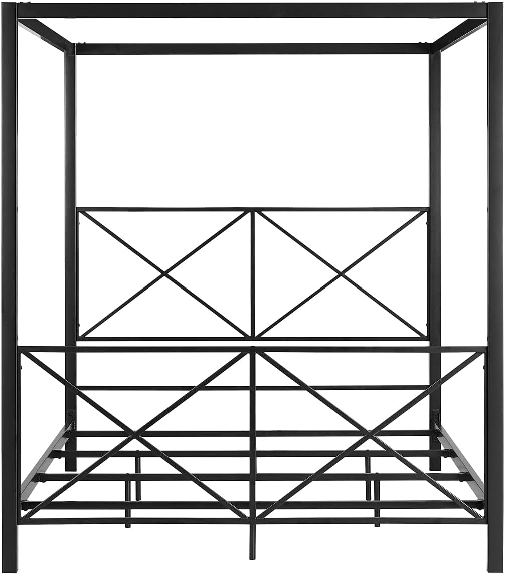 Rosedale Metal Canopy Bed Frame with Four Poster Design and Geometric Accented Headboard and Footboard, Underbed Storage Space, Queen, Black