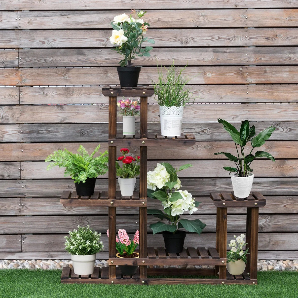 Outdoor Wooden Plant Flower Display Stand 6 Wood Shelf Storage Rack Garden