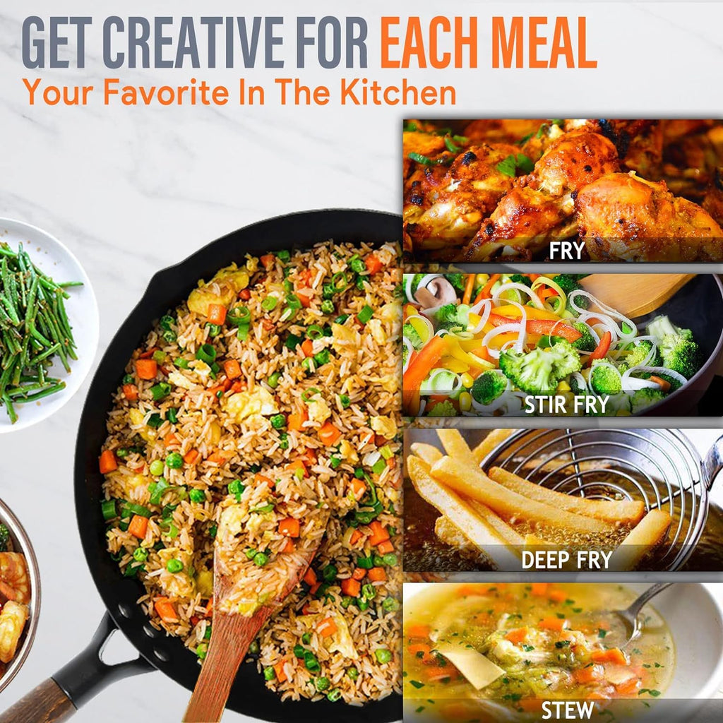 Wok Pan 12.5" Carbon Steel Wok Stir Fry Pan with Lid, Flat Bottom Chinese Wok Set with 6 Utensils Cookware Accessories for All Stoves