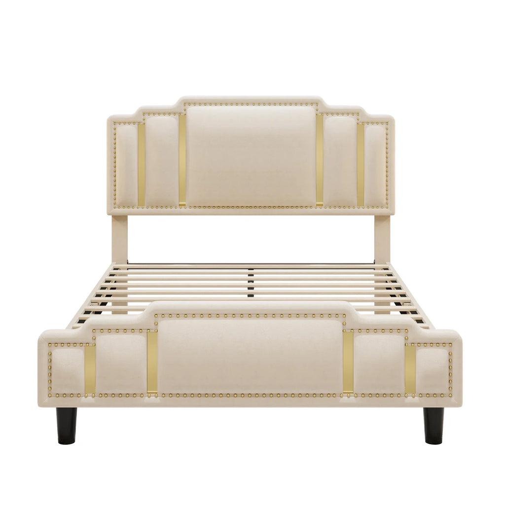 Queen Bed Frame, Luxury Velvet Upholstered Headboard with Golden Iron Sheet & Rivets, Platform Bed with Adjustable Headboard, White