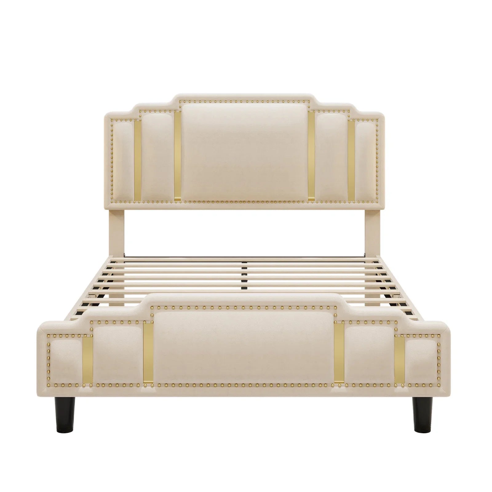 Queen Bed Frame, Luxury Velvet Upholstered Headboard with Golden Iron Sheet & Rivets, Platform Bed with Adjustable Headboard, White