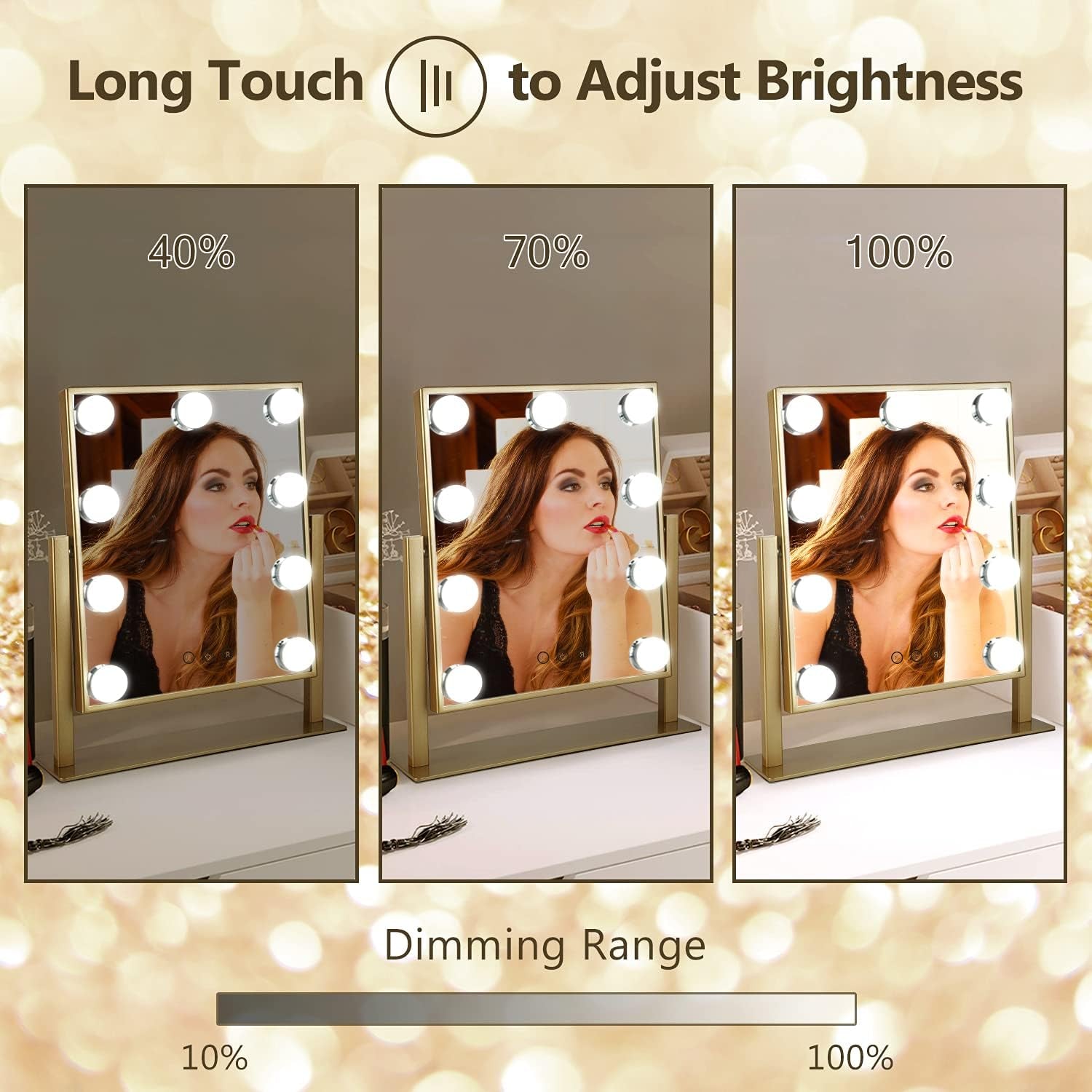 Hollywood Mirror with Lights, Vanity Mirror with Lights, Tabletop Mirror with Dimmable LED Lights，3 Color Model (Gold, 16.3 X 13.4)