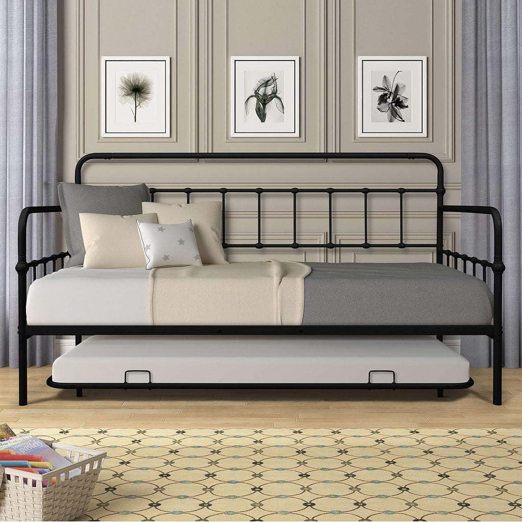 Twin Size Metal Frame Daybed with Trundle,Heavy Duty Steel Slat Support Saving Space Bed Sofa,Bedroom Living Room Furniture for Guest,No Spring Box Needed Black
