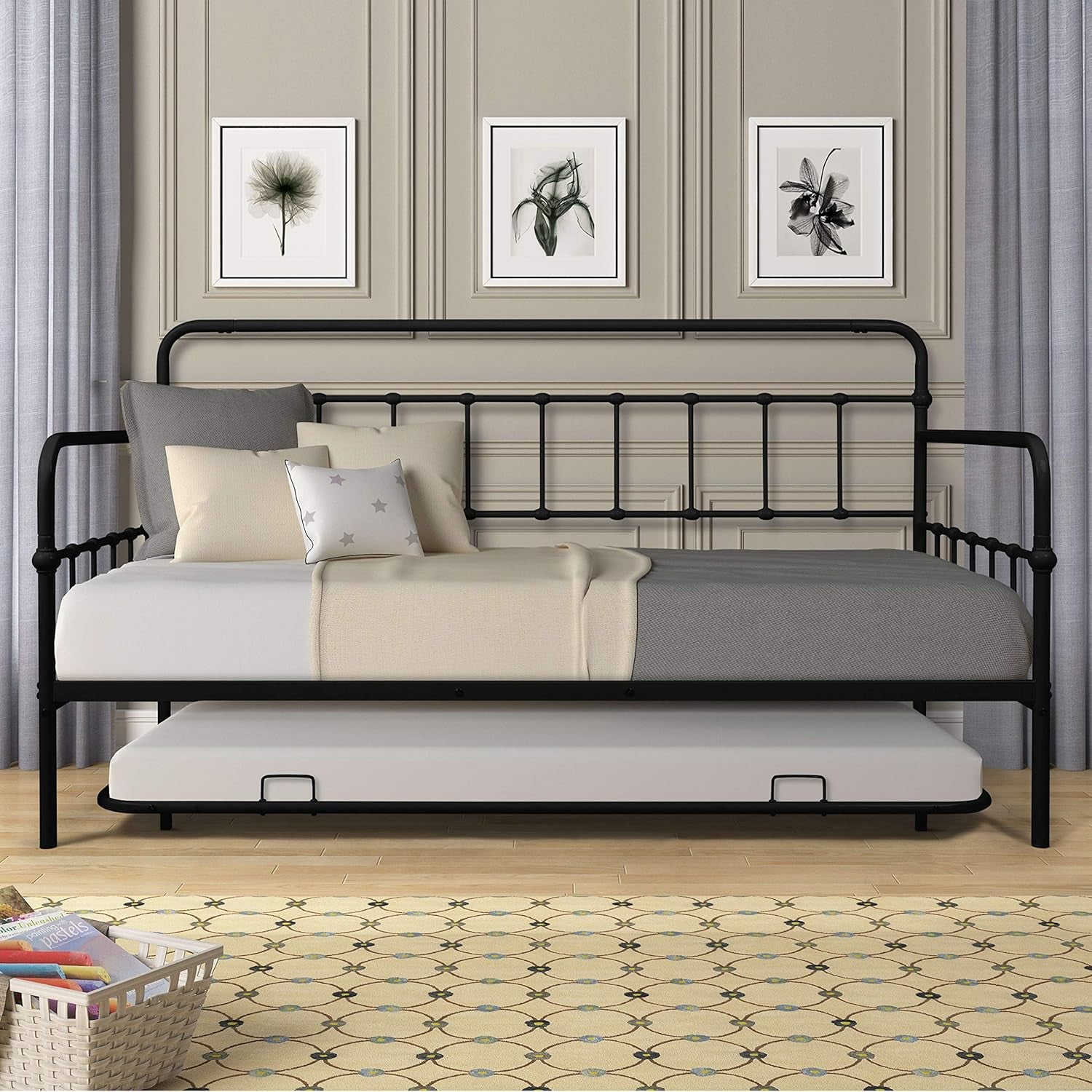 Twin Size Metal Frame Daybed with Trundle,Heavy Duty Steel Slat Support Saving Space Bed Sofa,Bedroom Living Room Furniture for Guest,No Spring Box Needed Black
