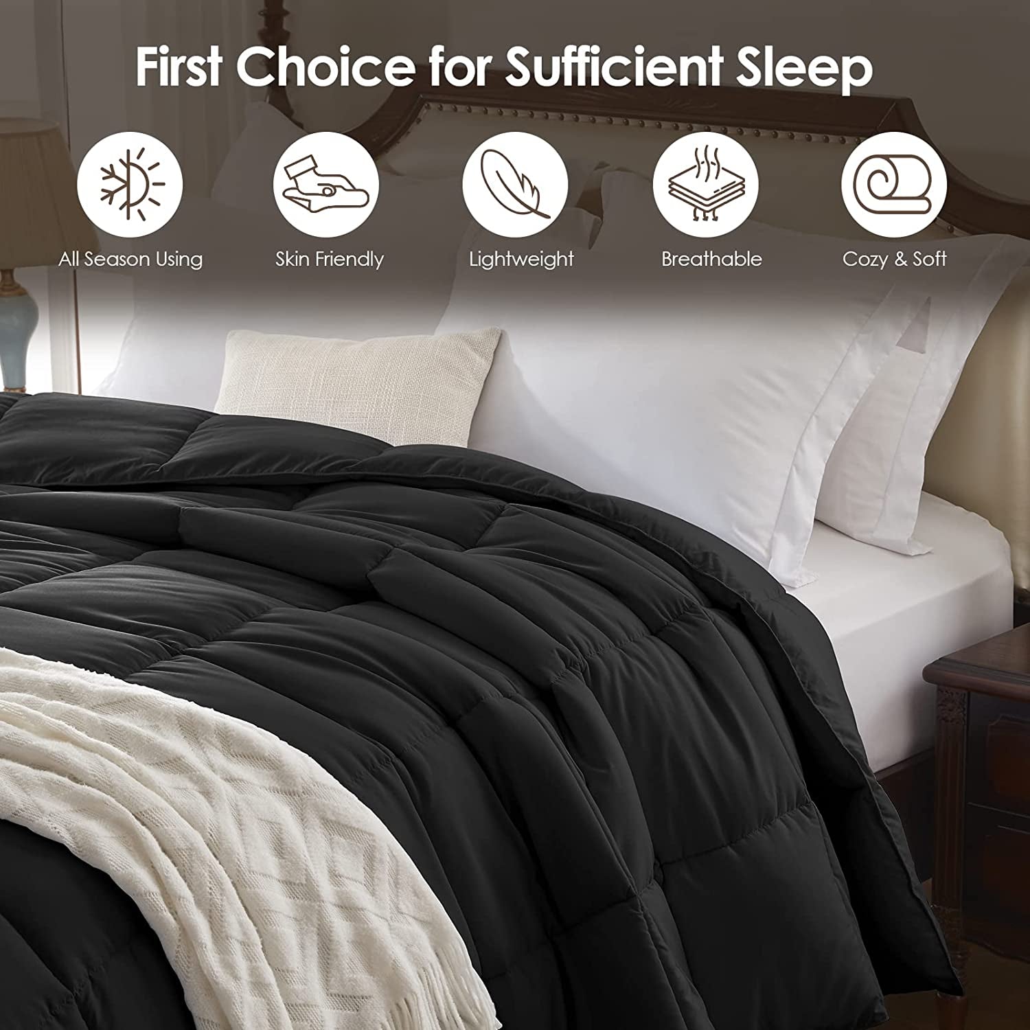 King Comforter Black Lightweight Comforter Duvet Insert down Alternative Bed Comforter All Season Quilted Comforters King Size Black