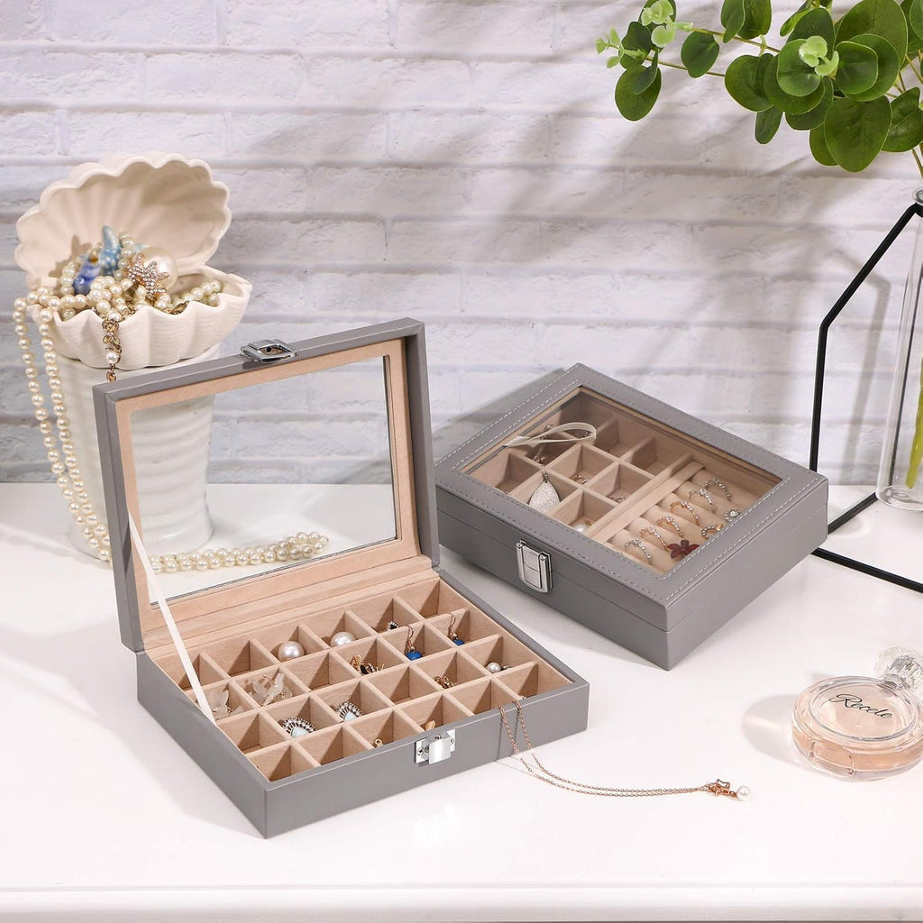 Earring Jewelry Box 24 Slots Earring Holder Organizer for Girls Women Gifts Jewelry Box for Earrings Display Storage Case with Clear Glass Top Grey SSH17H
