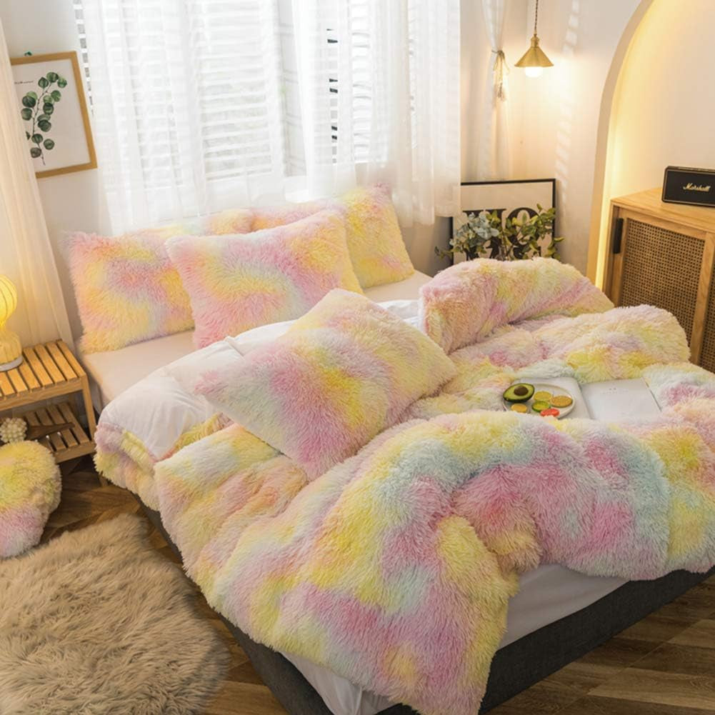 5 PCS Plush Shaggy Duvet Cover Sets, Luxury Shag Fluffy Comforter Cover Fuzzy Bedding Set - Long Faux Fur Ultra Soft Cozy (Ice Cream, King/California King)