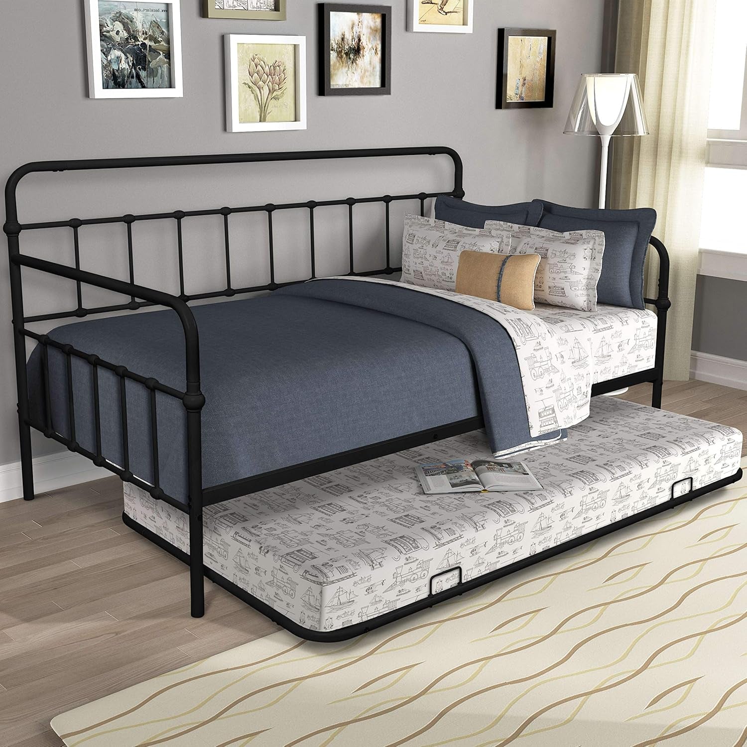 Twin Size Metal Frame Daybed with Trundle,Heavy Duty Steel Slat Support Saving Space Bed Sofa,Bedroom Living Room Furniture for Guest,No Spring Box Needed Black